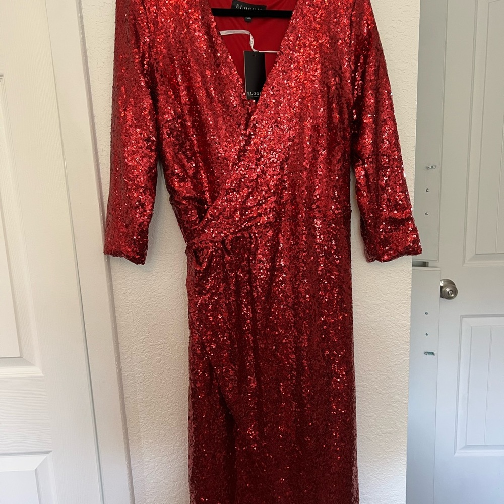 ELOQUII SPARKLE RED SEQUIN WRAP DRESS - Picture 2 of 4